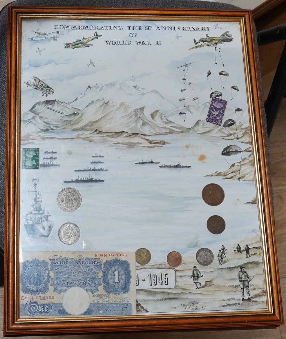 Two framed sets of coins, stamps, a bank note and medal ‘To Commemorate the Great War’ and ‘Commemorating the 50th Anniversary of World War II’. Condition - varies